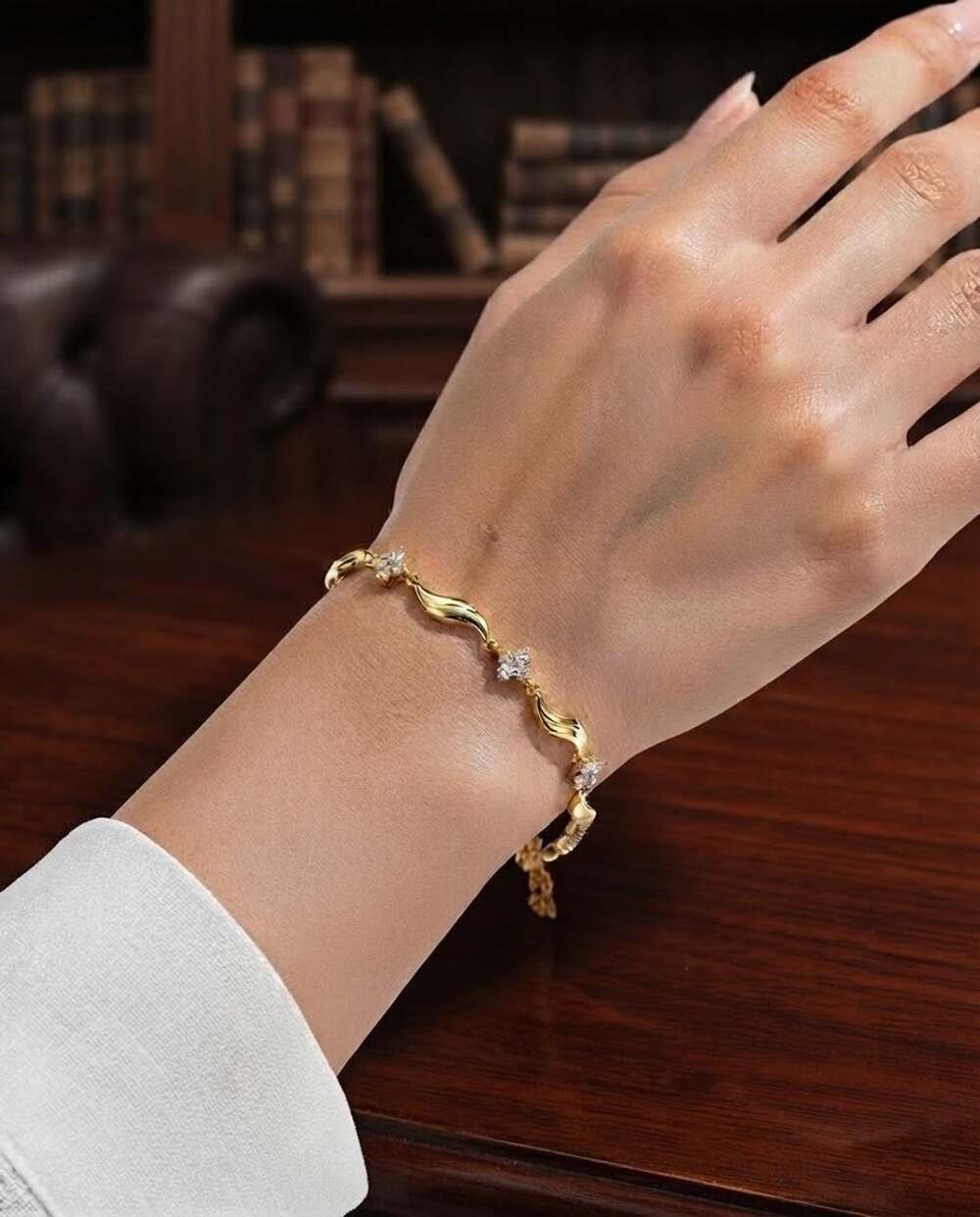 Stainless Steel Gold Wavy CZ Charm Bracelet - Gold